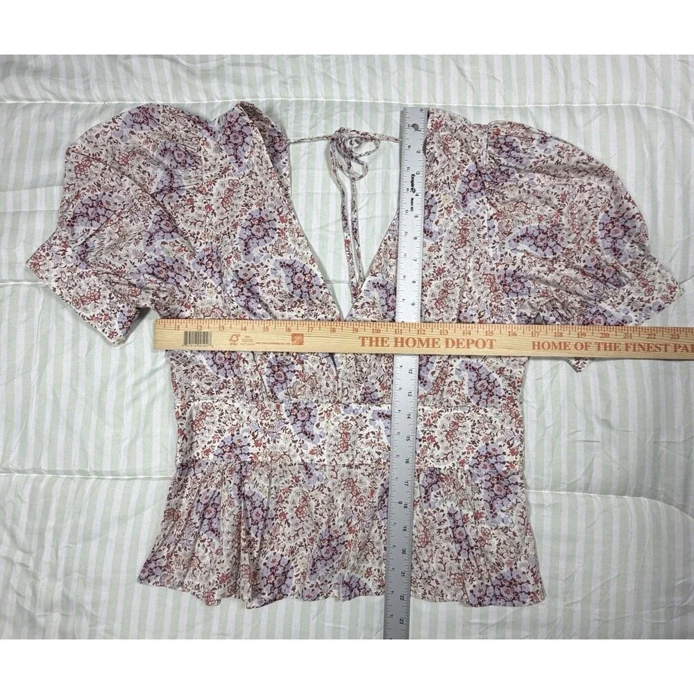 J.Crew Re‑Imagined floral puff sleeve peplum blouse V‑neck tie back XS/S